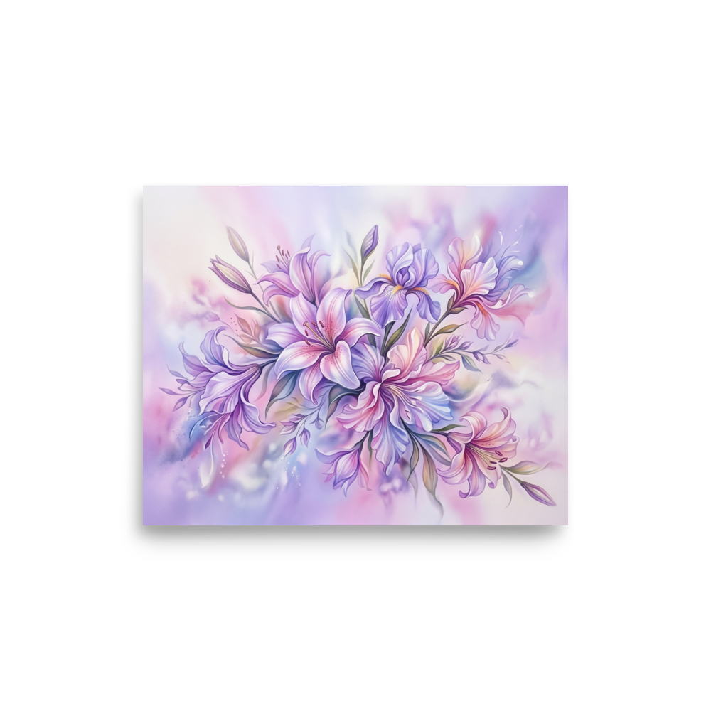 'Pastel Petals' — a Impressionism print. A soft and dreamy airbrush painting of purple and pink lilies, bringing tranquility to a bedroom.