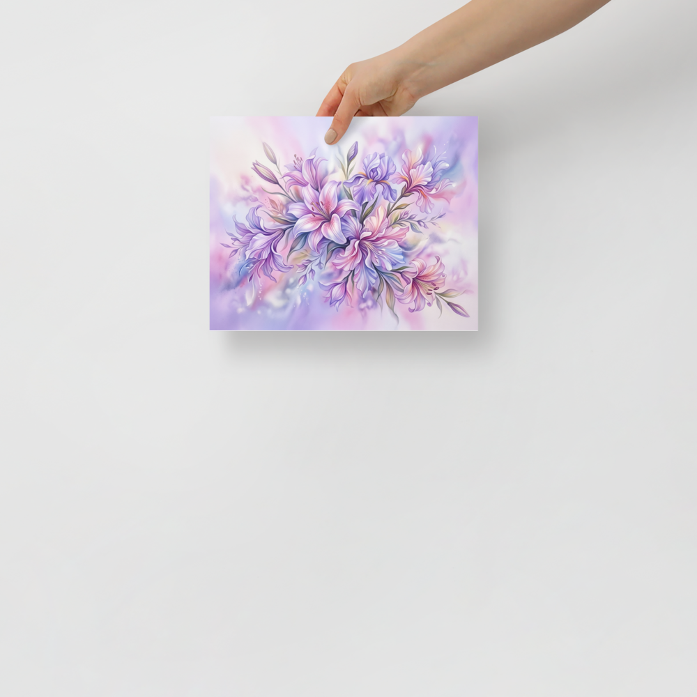 'Pastel Petals' — a Impressionism print. A soft and dreamy airbrush painting of purple and pink lilies, bringing tranquility to a bedroom.