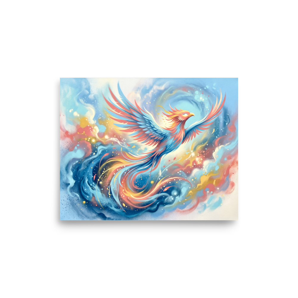 'Phoenix Rising' — a Surrealism print. A vibrant airbrush painting of a majestic phoenix soaring through colorful clouds, adding energy to a living room.