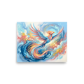 'Phoenix Rising' — a Surrealism print. A vibrant airbrush painting of a majestic phoenix soaring through colorful clouds, adding energy to a living room.