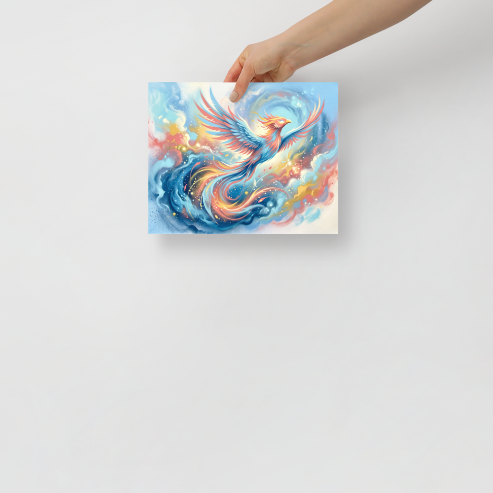 'Phoenix Rising' — a Surrealism print. A vibrant airbrush painting of a majestic phoenix soaring through colorful clouds, adding energy to a living room.