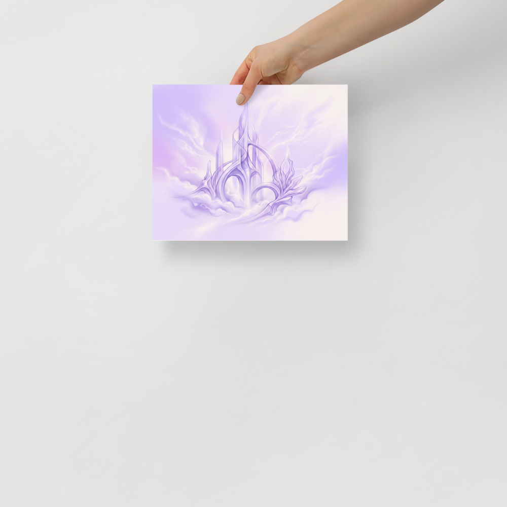 'Cloud City Crystal' — a Surrealism print. A soft pastel airbrush painting of a crystal castle floating in the clouds, perfect for a calming nursery.
