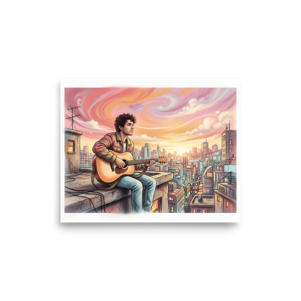 'Rooftop Rhythms' — a American Scene Painting print. An airbrush illustration of a young man playing guitar on a city rooftop at sunset, adding a creative vibe to an office.