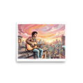'Rooftop Rhythms' — a American Scene Painting print. An airbrush illustration of a young man playing guitar on a city rooftop at sunset, adding a creative vibe to an office.