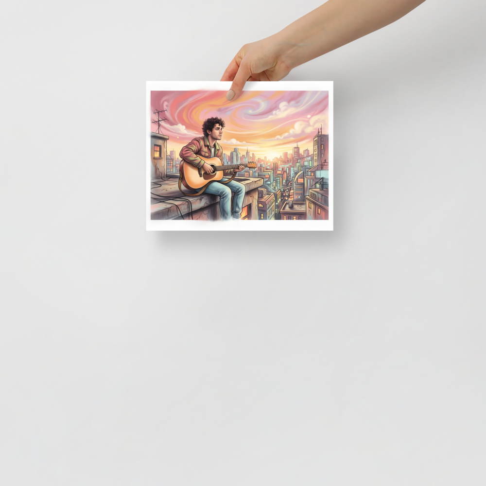 'Rooftop Rhythms' — a American Scene Painting print. An airbrush illustration of a young man playing guitar on a city rooftop at sunset, adding a creative vibe to an office.