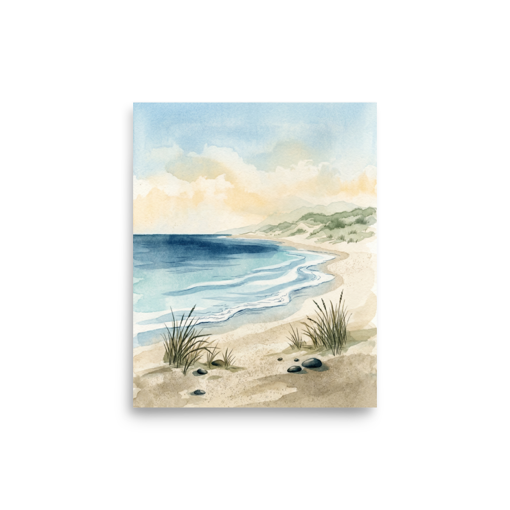 'Tranquil Tides' — a Impressionism print. A serene watercolor landscape of an empty beach with gentle blue waves and sandy shores, perfect for a calm Living Room.