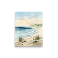 'Tranquil Tides' — a Impressionism print. A serene watercolor landscape of an empty beach with gentle blue waves and sandy shores, perfect for a calm Living Room.