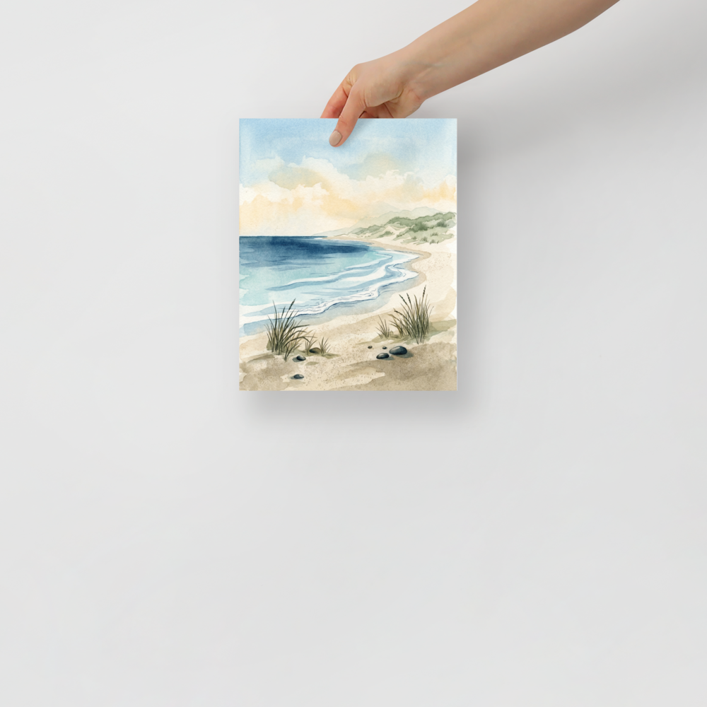 'Tranquil Tides' — a Impressionism print. A serene watercolor landscape of an empty beach with gentle blue waves and sandy shores, perfect for a calm Living Room.