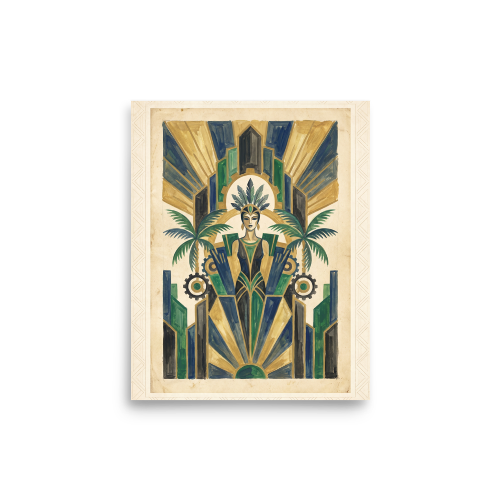 'The Deco Oasis' — a Art Deco print. An Art Deco illustration of a woman with a feather headdress flanked by palm trees and gears, ideal for adding elegance to a living room.