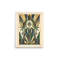 'The Deco Oasis' — a Art Deco print. An Art Deco illustration of a woman with a feather headdress flanked by palm trees and gears, ideal for adding elegance to a living room.
