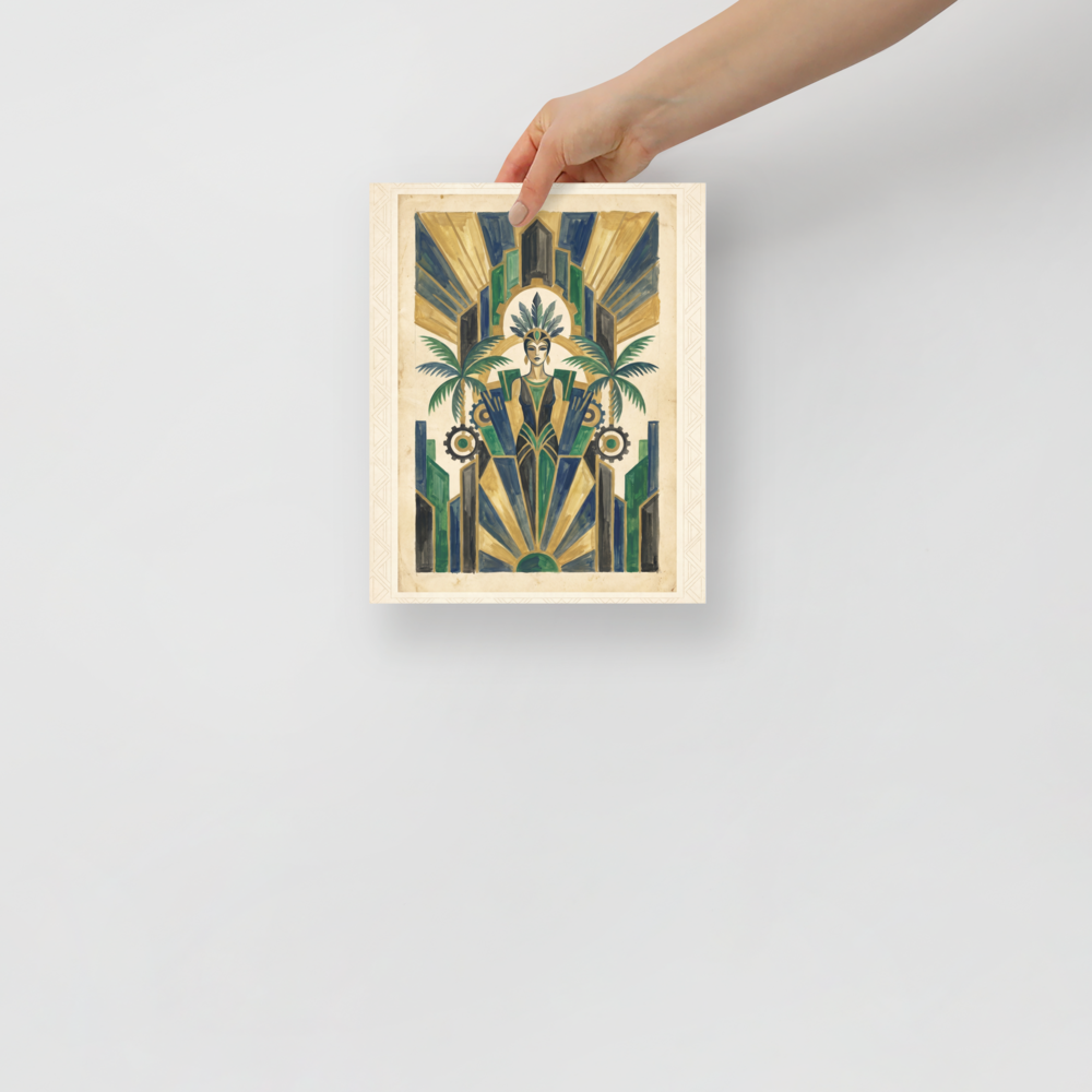 'The Deco Oasis' — a Art Deco print. An Art Deco illustration of a woman with a feather headdress flanked by palm trees and gears, ideal for adding elegance to a living room.