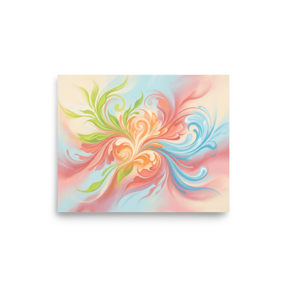 'Whispering Zephyr' — a Abstract art print. An abstract airbrush painting of flowing pastel curves in orange, green, and blue, bringing gentle energy to a sunroom.