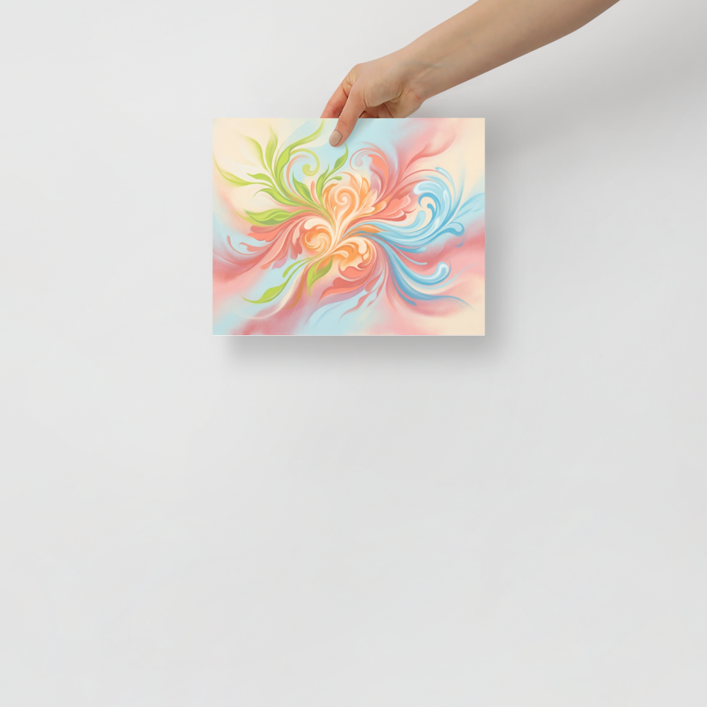 'Whispering Zephyr' — a Abstract art print. An abstract airbrush painting of flowing pastel curves in orange, green, and blue, bringing gentle energy to a sunroom.