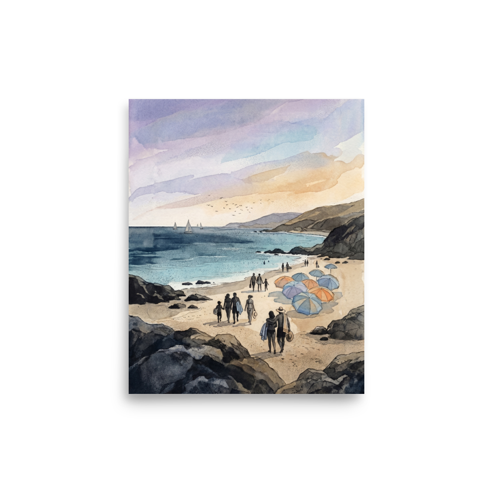 'Coastal Gathering' — a Impressionism print. A lively beach scene with people, sailboats, and rocky shores painted in soft tones, ideal for a Dining Room or Living Room.