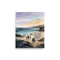 'Coastal Gathering' — a Impressionism print. A lively beach scene with people, sailboats, and rocky shores painted in soft tones, ideal for a Dining Room or Living Room.