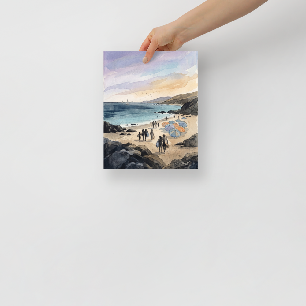 'Coastal Gathering' — a Impressionism print. A lively beach scene with people, sailboats, and rocky shores painted in soft tones, ideal for a Dining Room or Living Room.