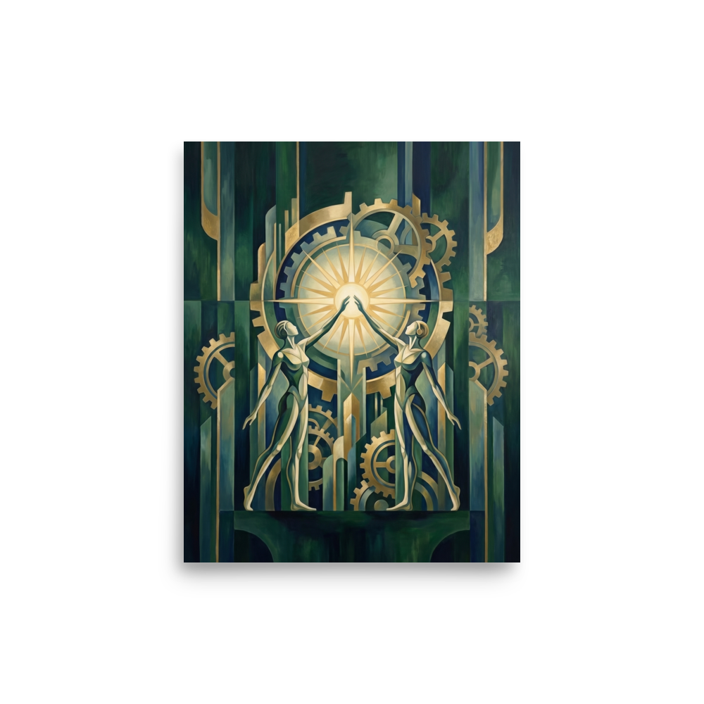 'The Mechanical Dawn' — a Art Deco print. An elegant Art Deco painting of two figures reaching for a glowing gear-shaped sun, ideal for a modern living room or office.
