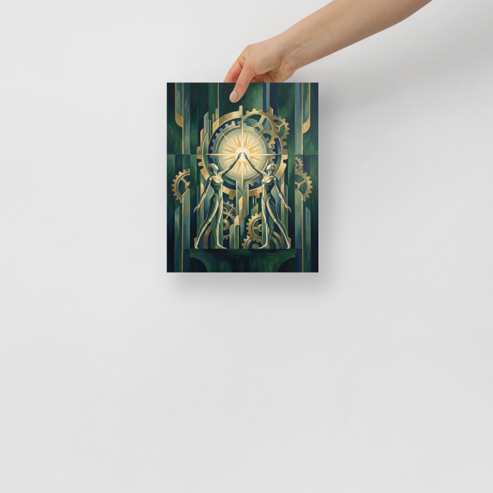'The Mechanical Dawn' — a Art Deco print. An elegant Art Deco painting of two figures reaching for a glowing gear-shaped sun, ideal for a modern living room or office.