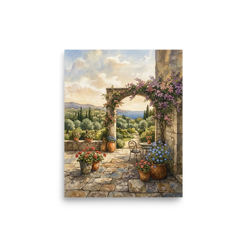 'Mediterranean Archway' — a Realism print. A rustic stone archway with purple flowers looking out over a serene landscape, a beautiful piece for a Sunroom / Conservatory.