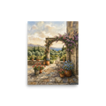 'Mediterranean Archway' — a Realism print. A rustic stone archway with purple flowers looking out over a serene landscape, a beautiful piece for a Sunroom / Conservatory.