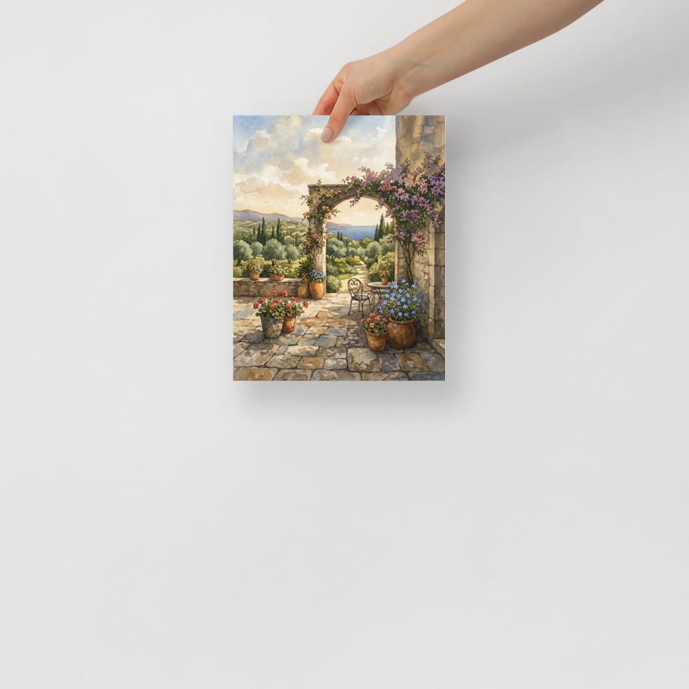 'Mediterranean Archway' — a Realism print. A rustic stone archway with purple flowers looking out over a serene landscape, a beautiful piece for a Sunroom / Conservatory.