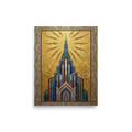 'The Golden Metropolis' — a Art Deco print. An Art Deco mosaic of a towering skyscraper emitting lightning bolts against a golden sky, perfect for a chic office space.