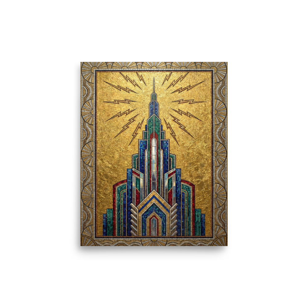'The Golden Metropolis' — a Art Deco print. An Art Deco mosaic of a towering skyscraper emitting lightning bolts against a golden sky, perfect for a chic office space.