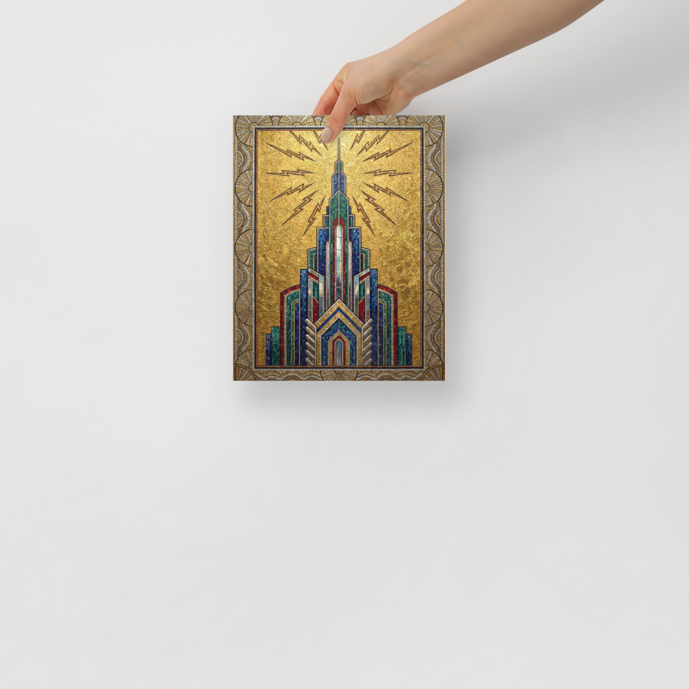 'The Golden Metropolis' — a Art Deco print. An Art Deco mosaic of a towering skyscraper emitting lightning bolts against a golden sky, perfect for a chic office space.
