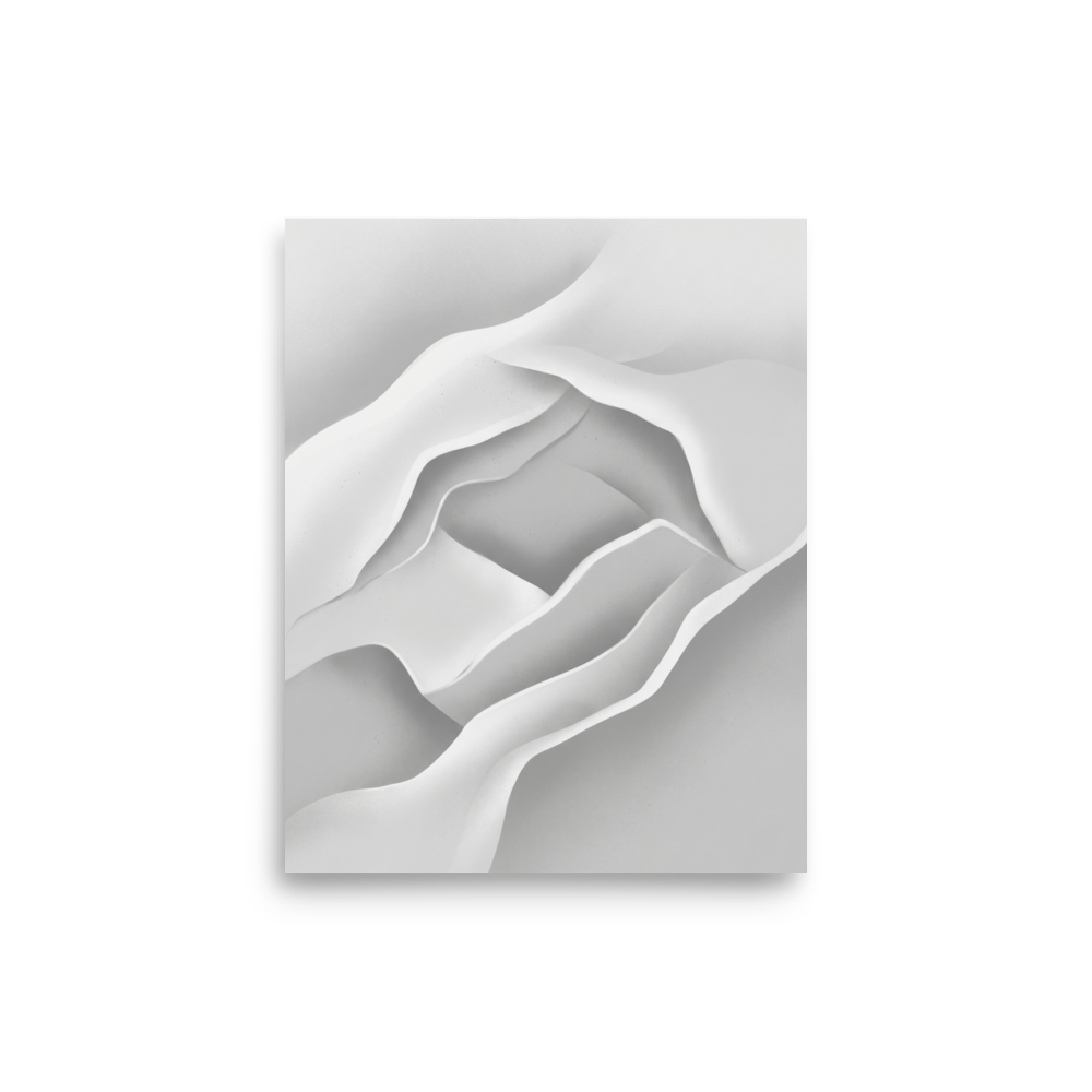 'White Silence' — a Minimalism print. A minimalist abstract airbrush painting featuring smooth white and light gray flowing curves, perfect for a calm entryway.