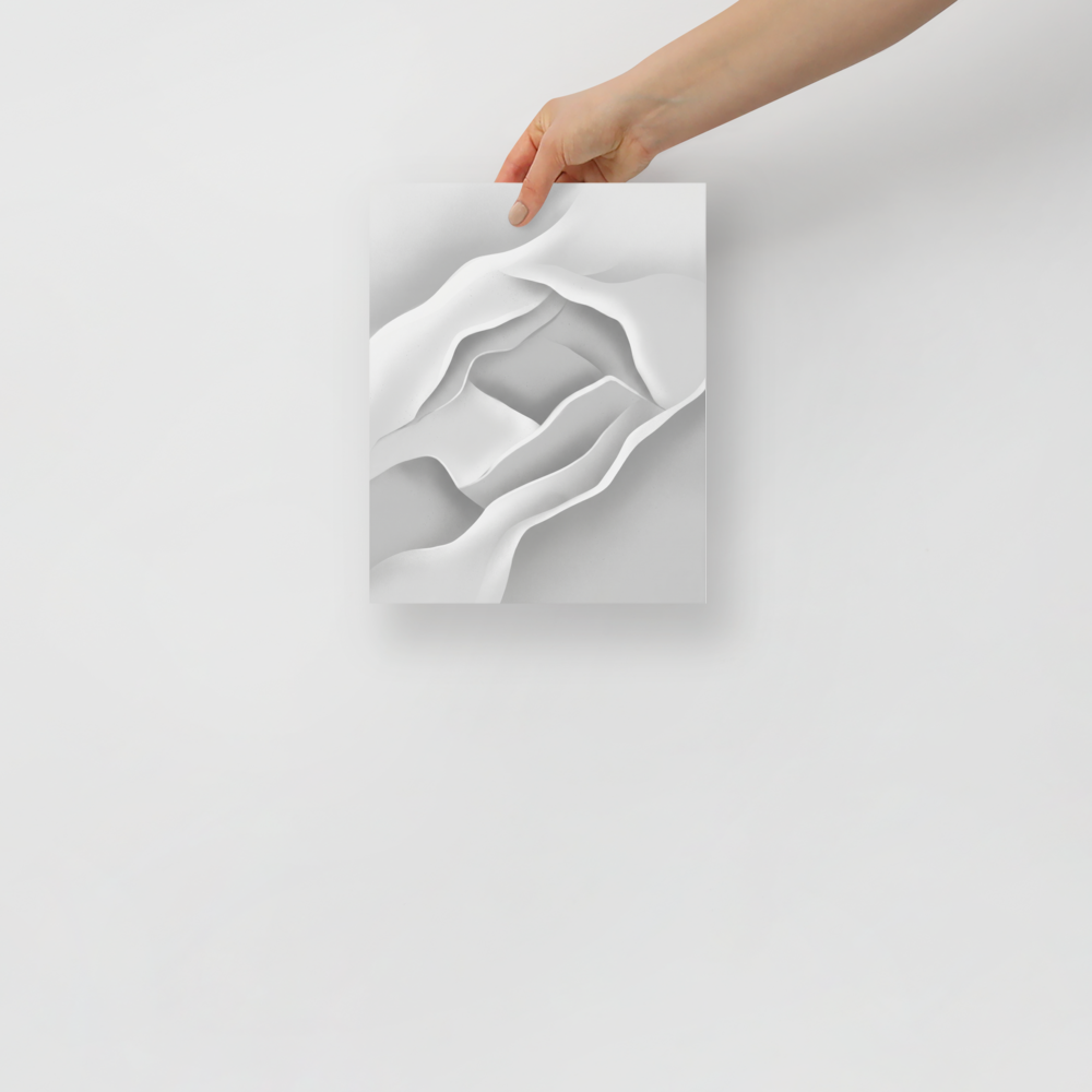 'White Silence' — a Minimalism print. A minimalist abstract airbrush painting featuring smooth white and light gray flowing curves, perfect for a calm entryway.