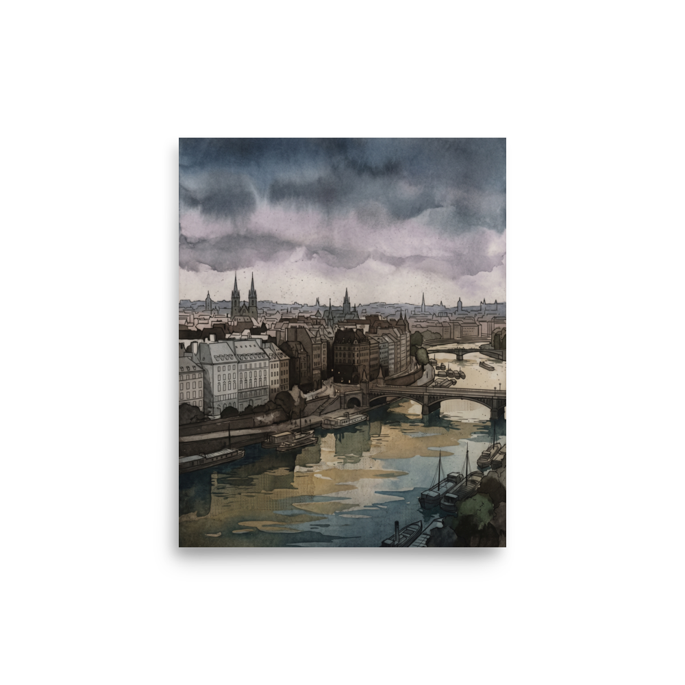 'Twilight Over the Seine' — a Impressionism print. A moody cityscape with a river, bridges, and historical buildings under a dramatic sky, perfect for an Office or Library.