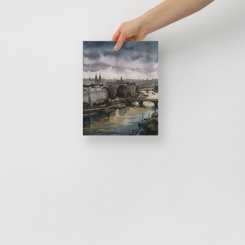 'Twilight Over the Seine' — a Impressionism print. A moody cityscape with a river, bridges, and historical buildings under a dramatic sky, perfect for an Office or Library.