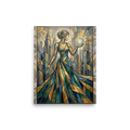 'City of Light' — a Art Deco print. An Art Deco painting of a stylized woman holding a glowing orb before a city skyline, ideal for an elegant living room.