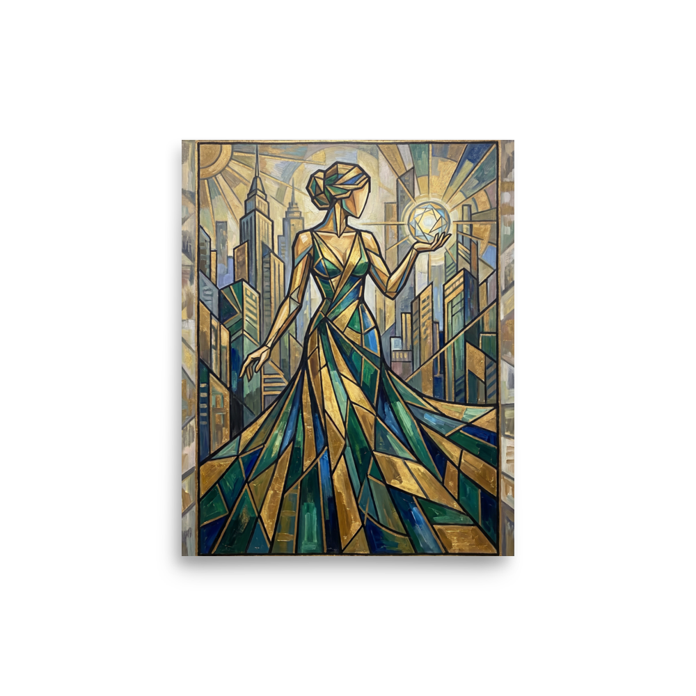 'City of Light' — a Art Deco print. An Art Deco painting of a stylized woman holding a glowing orb before a city skyline, ideal for an elegant living room.