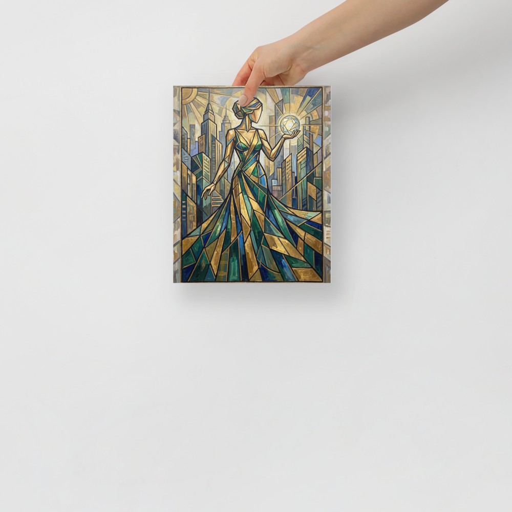 'City of Light' — a Art Deco print. An Art Deco painting of a stylized woman holding a glowing orb before a city skyline, ideal for an elegant living room.