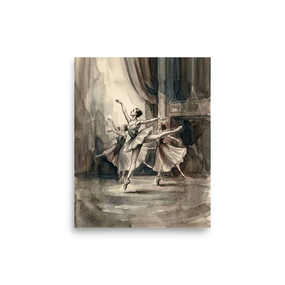 'En Pointe' — a Realism print. A monochromatic watercolor painting of ballet dancers performing gracefully, an elegant piece for a Bedroom or Studio.