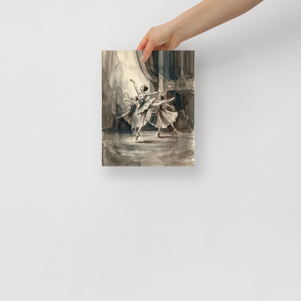 'En Pointe' — a Realism print. A monochromatic watercolor painting of ballet dancers performing gracefully, an elegant piece for a Bedroom or Studio.