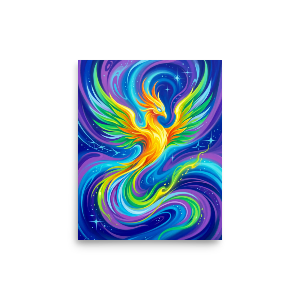 'Neon Phoenix' — a Psychedelic art print. A vibrant neon airbrush painting of a glowing phoenix in a cosmic sky, perfect for an exciting game room.