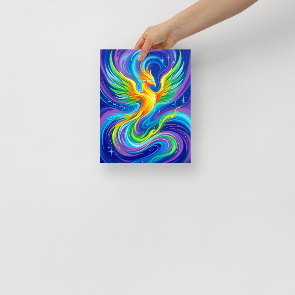 'Neon Phoenix' — a Psychedelic art print. A vibrant neon airbrush painting of a glowing phoenix in a cosmic sky, perfect for an exciting game room.