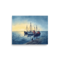 'Harbor Rest' — a Impressionism print. A tranquil harbor scene with fishing boats docked by a wooden pier under a soft sky, perfect for a Den / Snug.