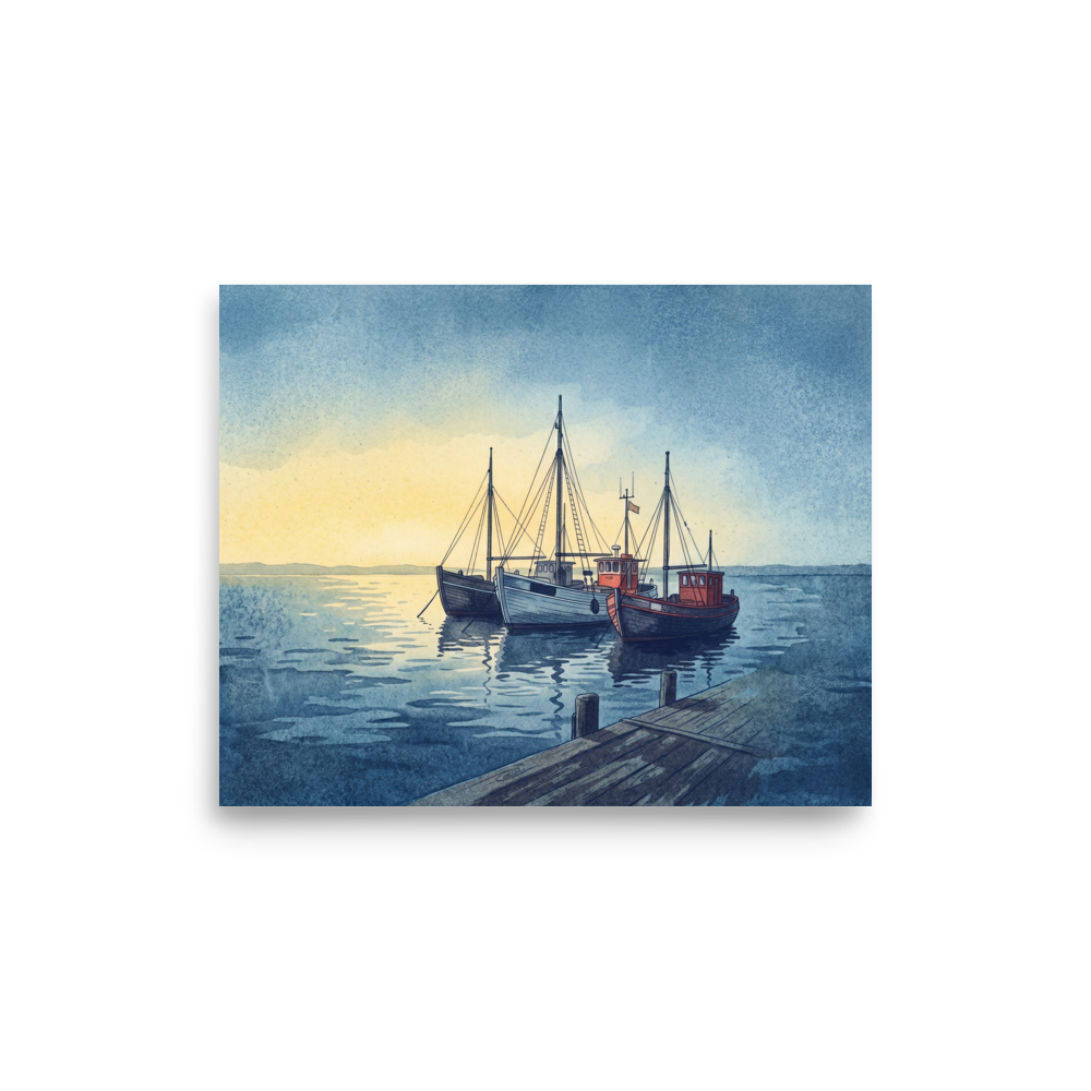 'Harbor Rest' — a Impressionism print. A tranquil harbor scene with fishing boats docked by a wooden pier under a soft sky, perfect for a Den / Snug.