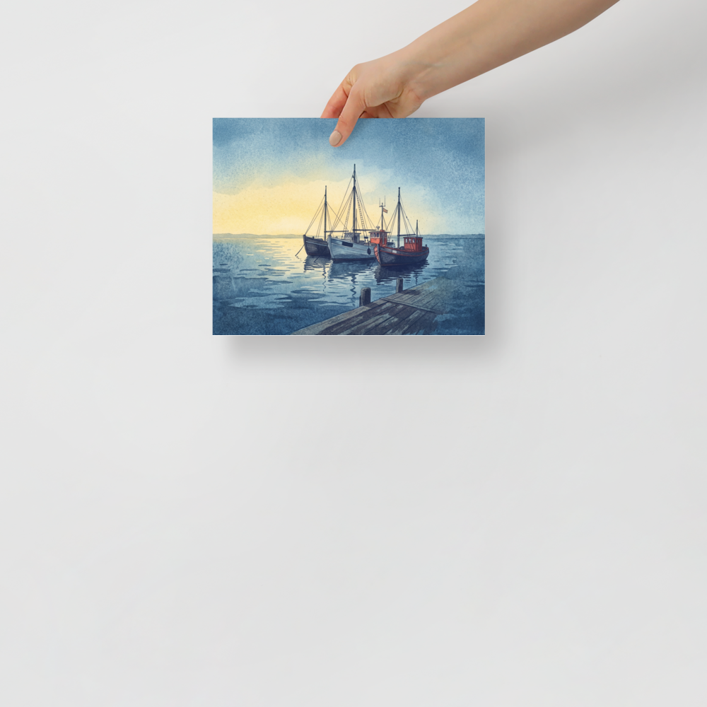 'Harbor Rest' — a Impressionism print. A tranquil harbor scene with fishing boats docked by a wooden pier under a soft sky, perfect for a Den / Snug.