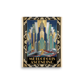 'Metropolis Ascending' — a Art Deco print. A dynamic Art Deco illustration featuring gold and blue geometric skyscrapers, an ocean liner, and an airplane, perfect for a lively office or living room.