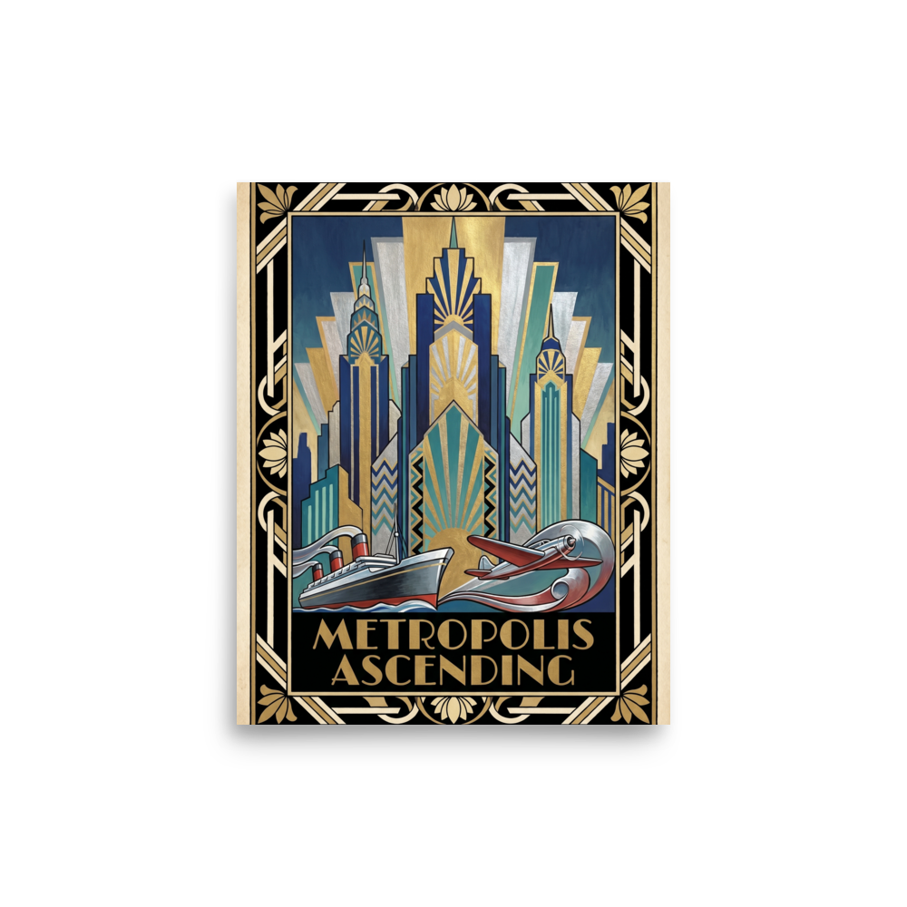 'Metropolis Ascending' — a Art Deco print. A dynamic Art Deco illustration featuring gold and blue geometric skyscrapers, an ocean liner, and an airplane, perfect for a lively office or living room.