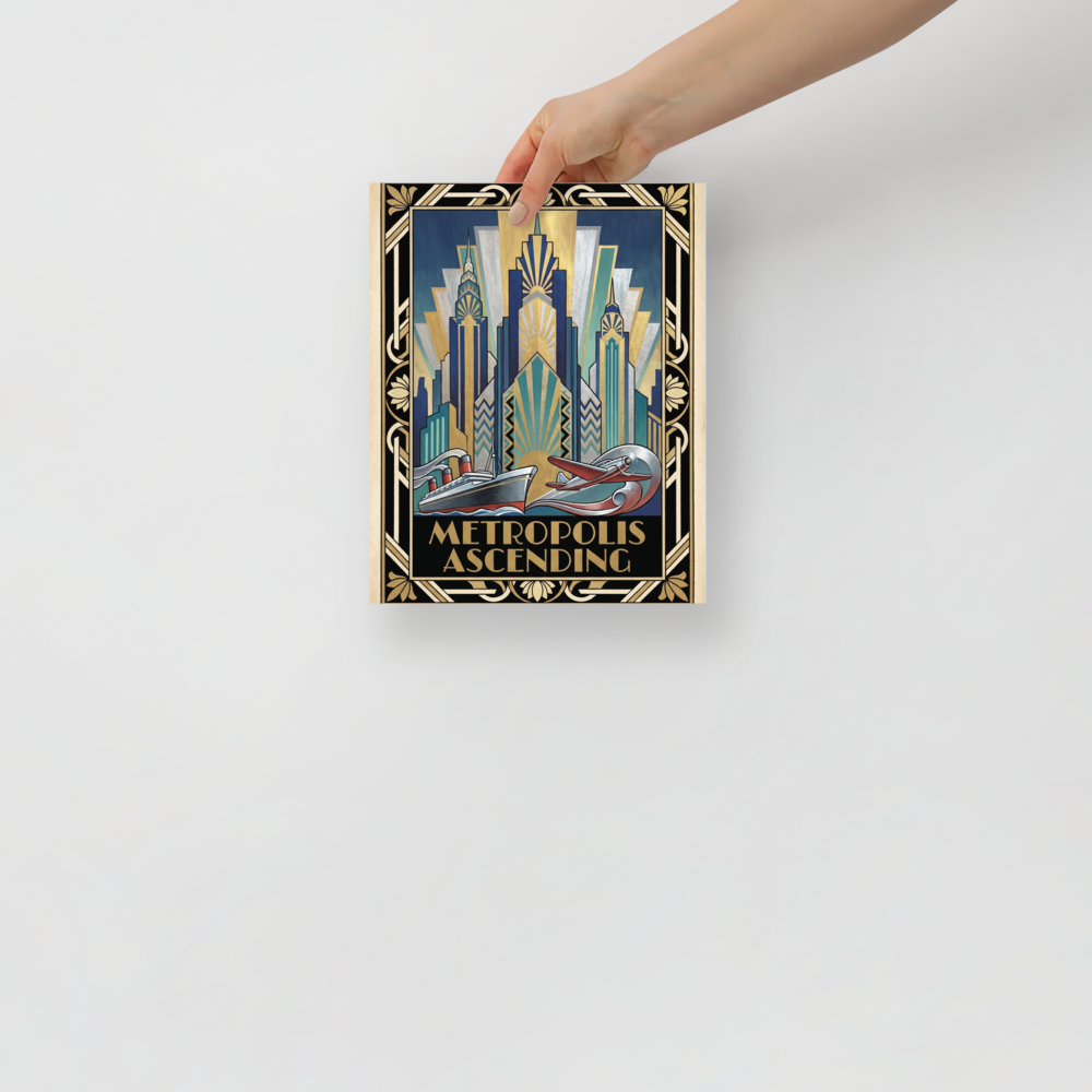 'Metropolis Ascending' — a Art Deco print. A dynamic Art Deco illustration featuring gold and blue geometric skyscrapers, an ocean liner, and an airplane, perfect for a lively office or living room.