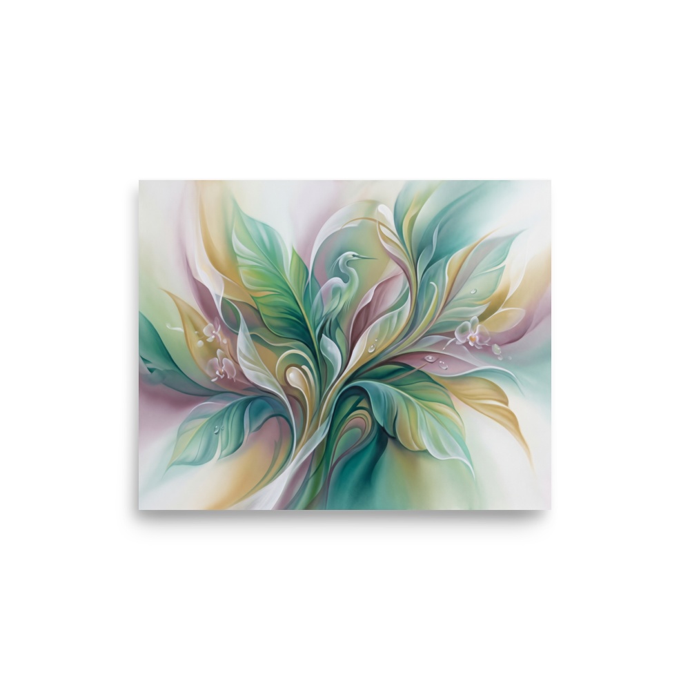 'Emerald Sanctuary' — a Surrealism print. A soft airbrush painting of elegant leaves and a subtle heron in gentle greens and purples, perfect for a relaxing bathroom.