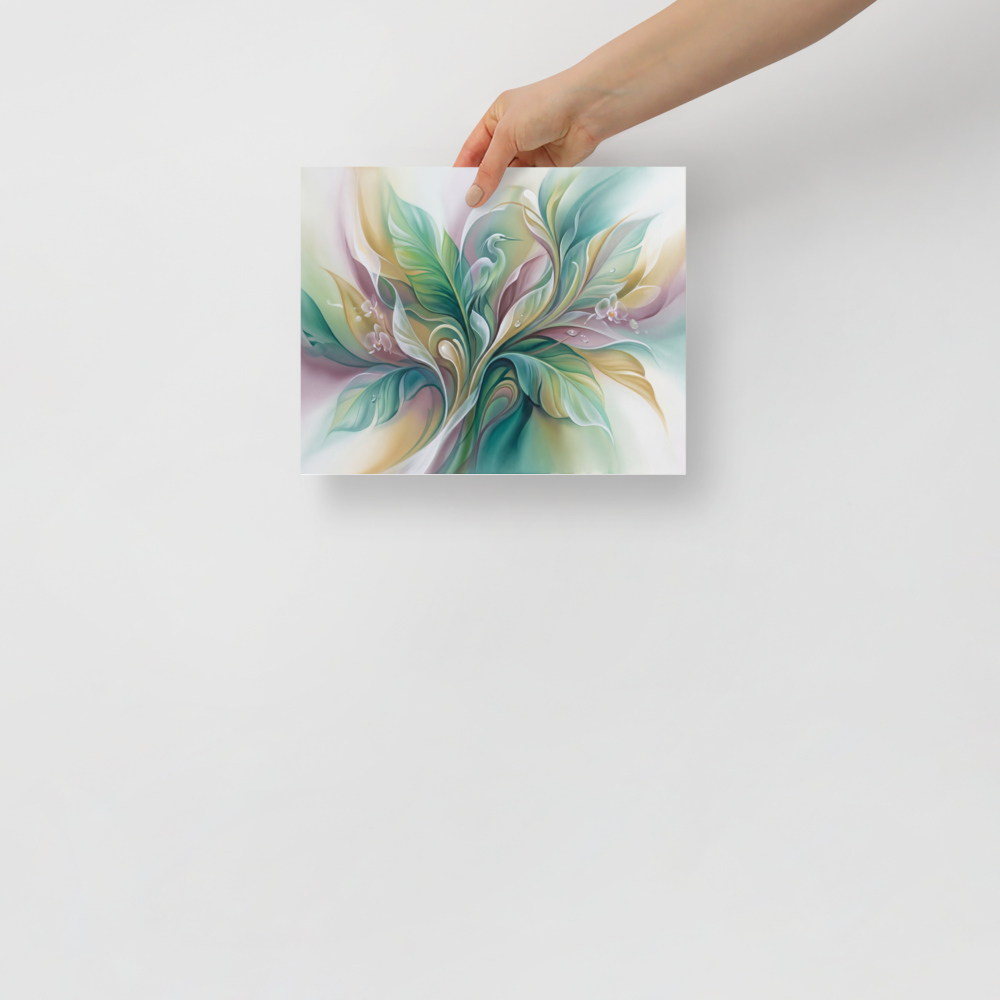'Emerald Sanctuary' — a Surrealism print. A soft airbrush painting of elegant leaves and a subtle heron in gentle greens and purples, perfect for a relaxing bathroom.
