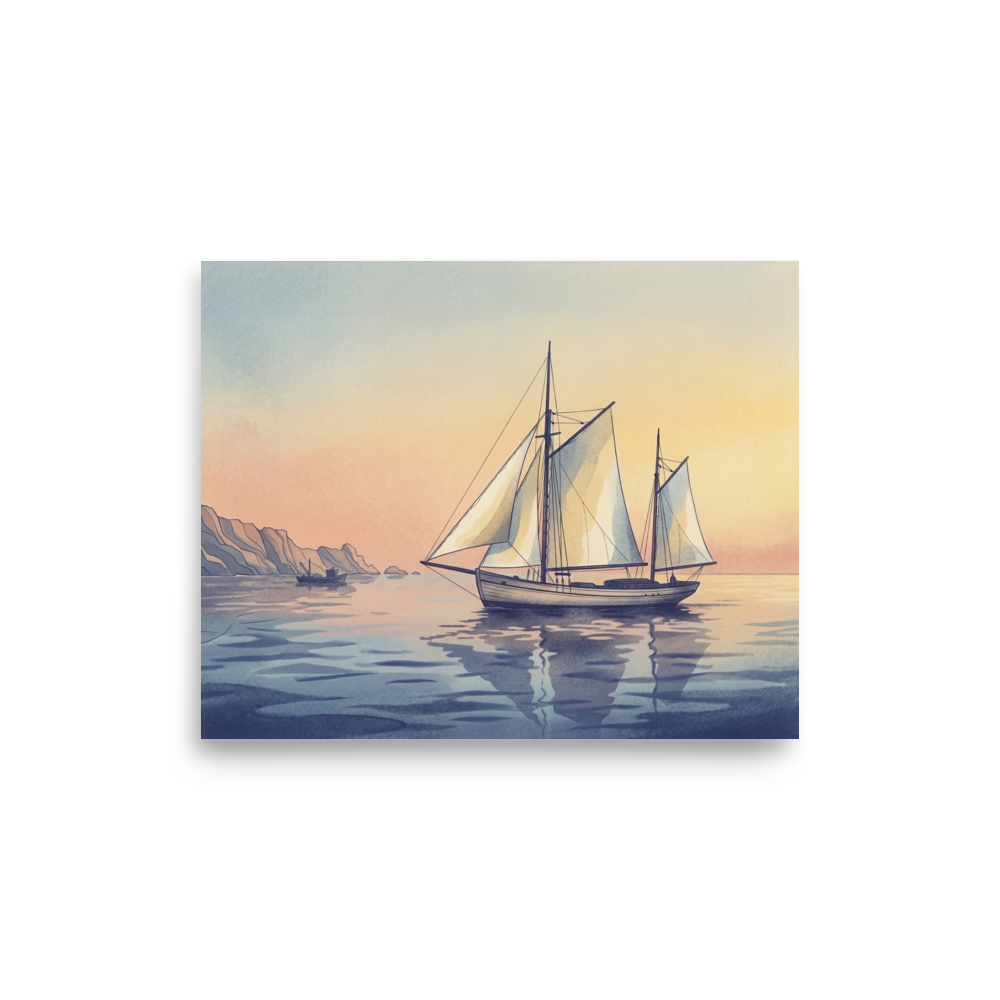 'Golden Voyage' — a Impressionism print. A serene watercolor of a sailboat on calm waters with a warm sunset sky and rugged coastline, a beautiful addition to a Living Room.