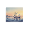 'Golden Voyage' — a Impressionism print. A serene watercolor of a sailboat on calm waters with a warm sunset sky and rugged coastline, a beautiful addition to a Living Room.
