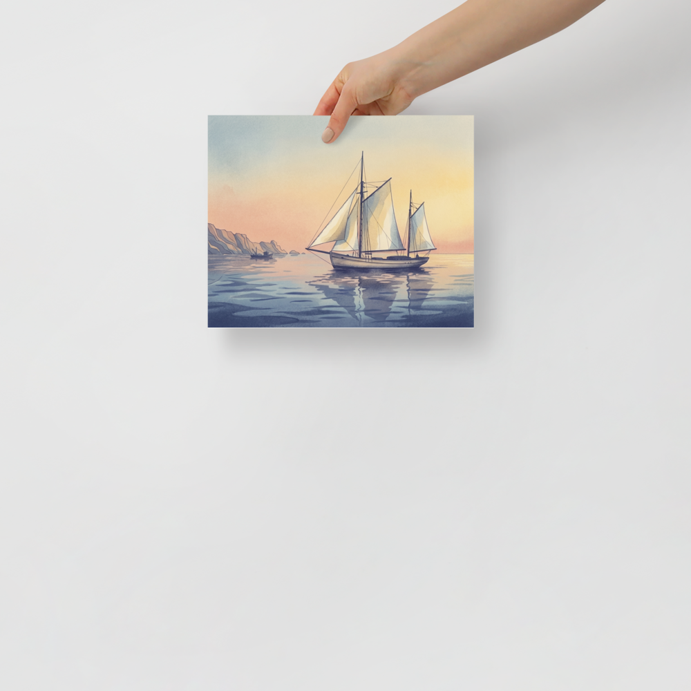 'Golden Voyage' — a Impressionism print. A serene watercolor of a sailboat on calm waters with a warm sunset sky and rugged coastline, a beautiful addition to a Living Room.